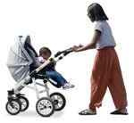 Mother pushing a stroller with her toddler son - african ameriaca People PNG - miniature