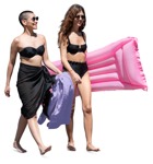 Two women in swimsuits carrying inflatable mattresses to the beach - People PNG - miniature