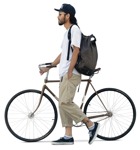 Asian man walking with his bike - png people - miniature