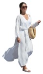 Hispanic woman in white outfit enjoying a walk in the sun - people png - miniature