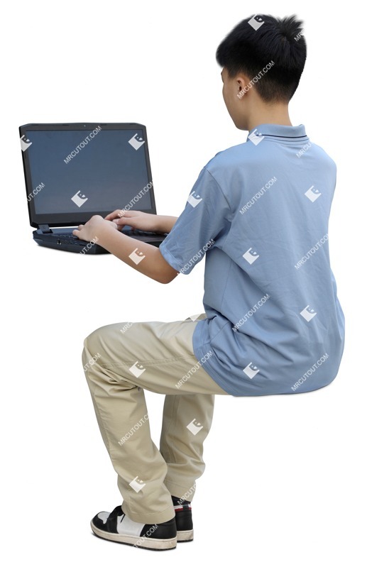 Boy with a computer writing cut out people (17585)