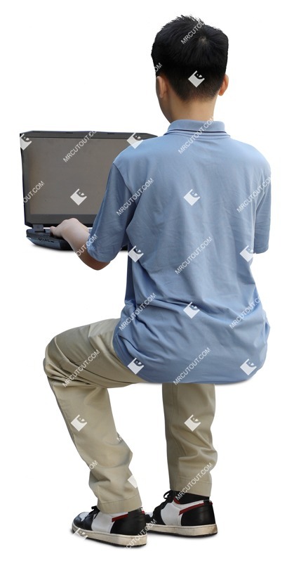 Boy with a computer writing cut out people (17583)