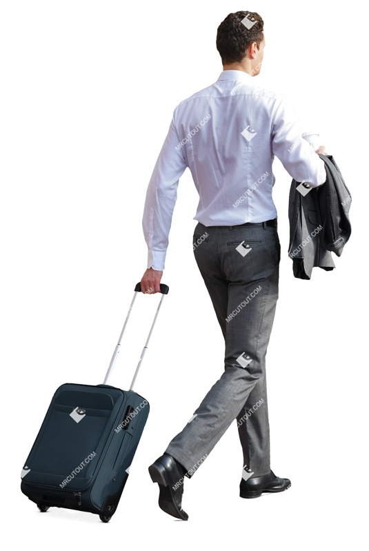 A businessman walking with jacket over his arm and with suitcase- person png