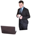 Businessman with a computer drinking coffee people png (1813) - miniature
