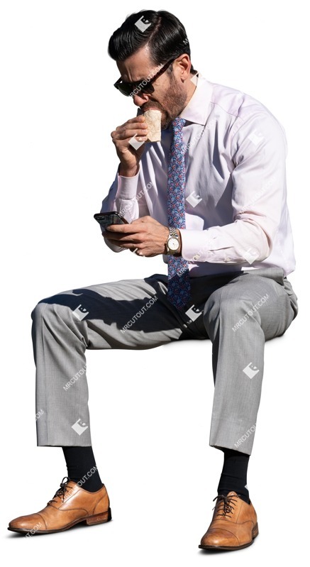 Businessman with a smartphone eating seated cut out people (14872)