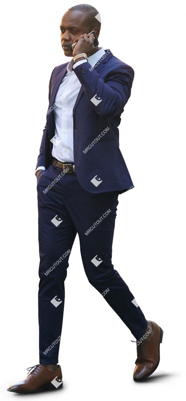 A businessman walking and talking by smartphone with one hand in his pocket - human png