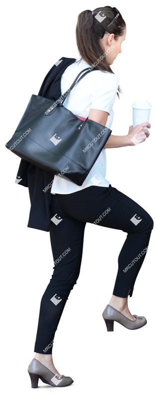 Person png Caucasian woman walking upstairs with coffee cup