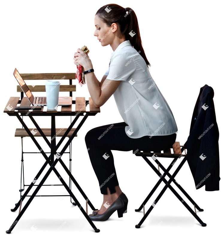 Businesswoman with a computer eating seated people png (6606)