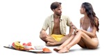 Couple in a swimsuit eating seated  (7592) - miniature
