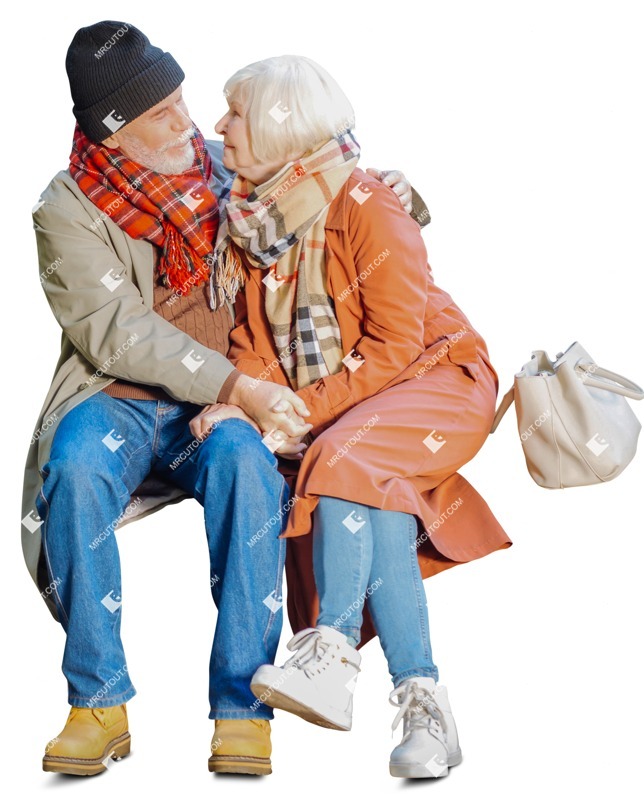 Elderly couple sitting on a bench on a nice winter day - human png