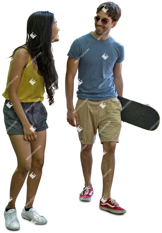 Couple with a skateboard walking entourage people (4402)