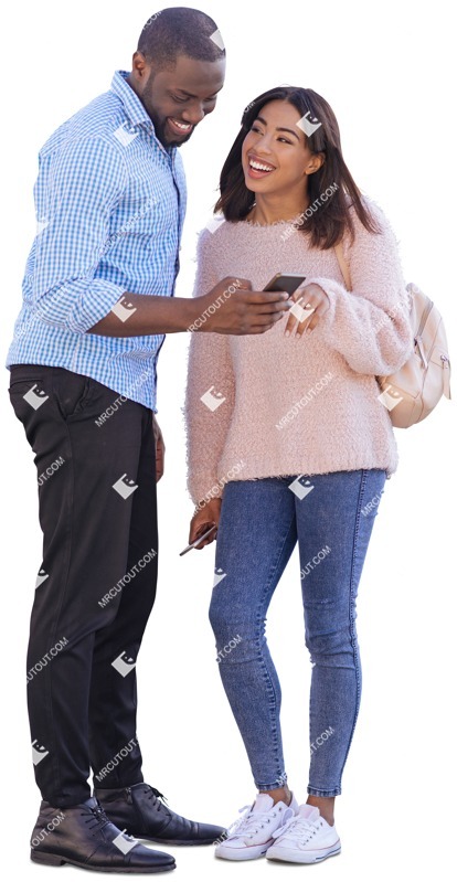 Couple standing with a smartphone and laughing African people png