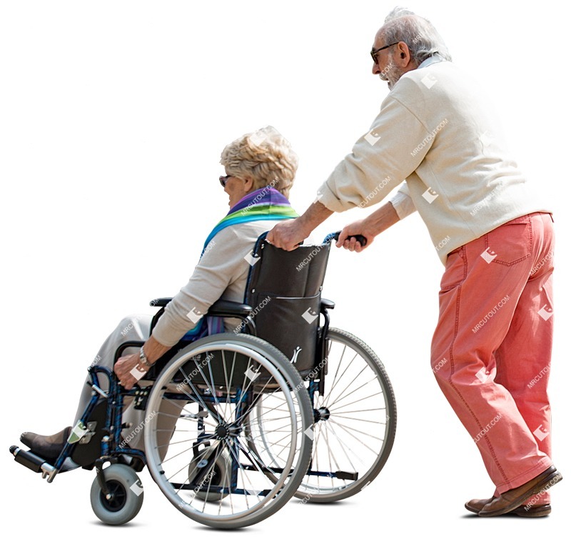 Elderly man pushing his wife in a wheelchair on a sunny day - human png