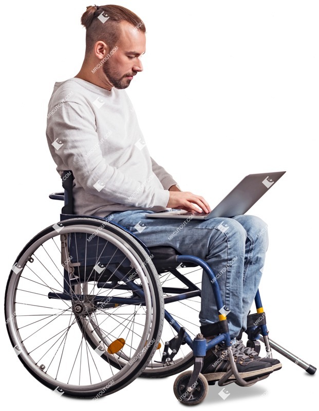Disabled man with a computer writing cut out people (4322)