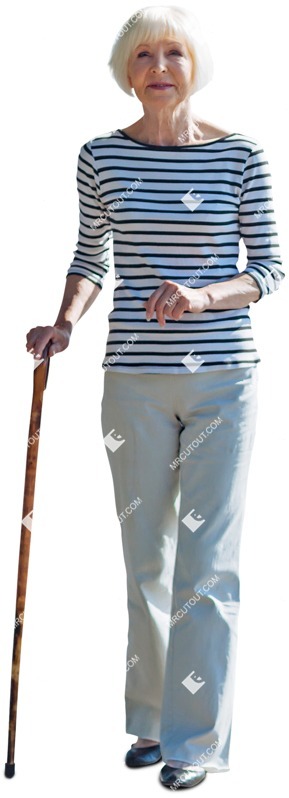 People cut outs elderly Caucasian woman walking with a cane