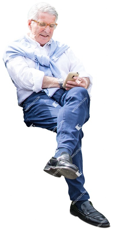 Elderly with a smartphone sitting human png (3682)