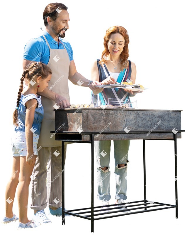 Cutout family doing barbecue human png standing behind the grill