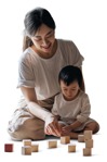 Asian mother and son playing with wooden blocks - People PNG - miniature