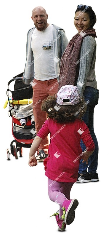 Family with a stroller walking people png (12423)