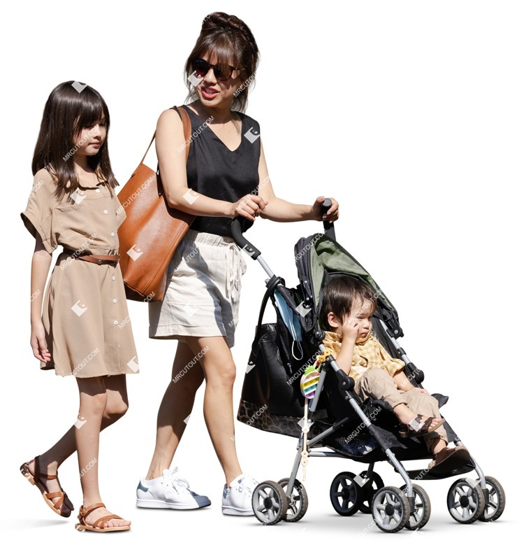 Family with a stroller walking human png (16436)