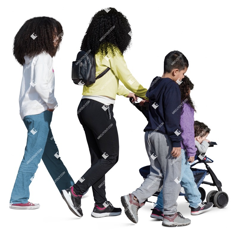 Family with a stroller walking people cutouts (18727)
