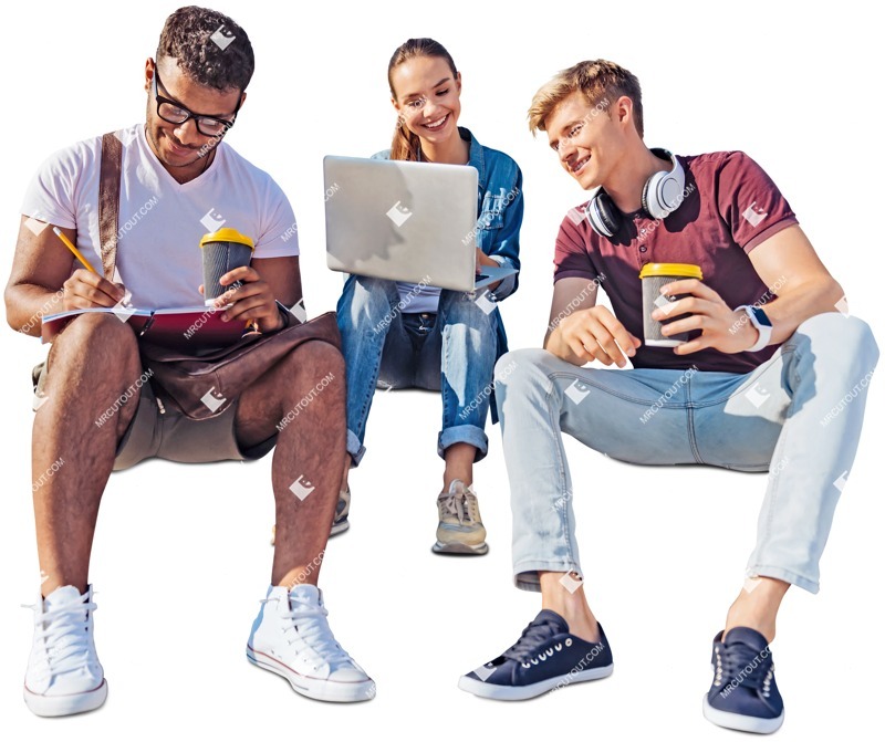 Group of friends with a computer drinking coffee people png (3831)
