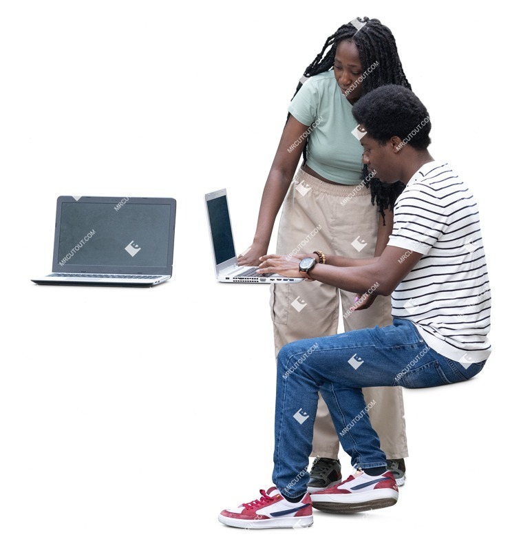 Group of friends with a computer learning cut out people (18971)