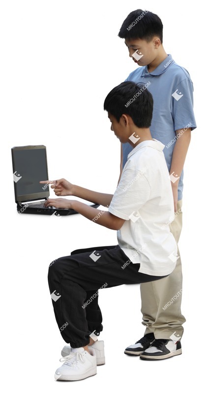 Group of friends with a computer standing and sitting cut out people (19695)