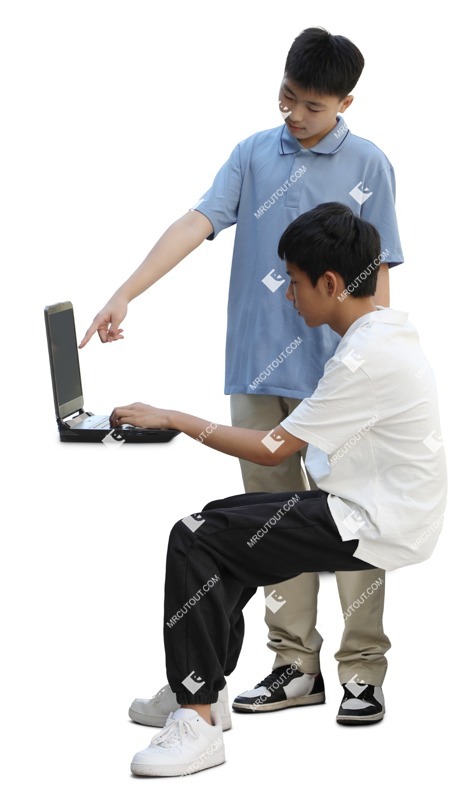 Group of friends with a computer standing and sitting cut out people (19136)