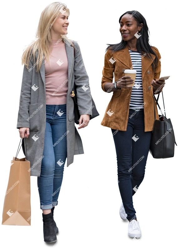 Friends walking two women shopping on an autumn day