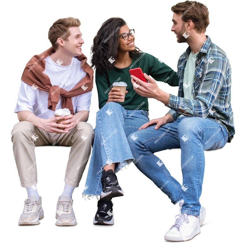 A multiethnic group of friends sitting on a bench talking - person png
