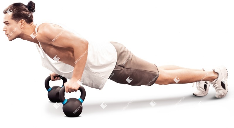 A young man doing push-ups with kettlebells - human png