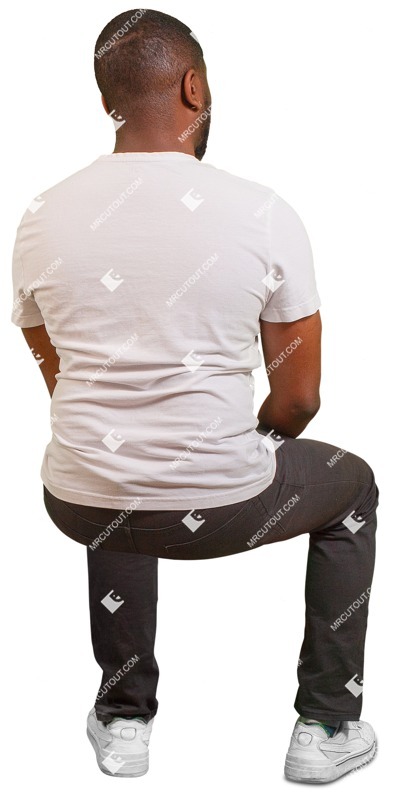 An African man in a T-shirt and black trousers sitting - back view - people png