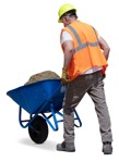 Builder in a high vis vest and helmet pushing a wheelbarrow - People PNG - miniature