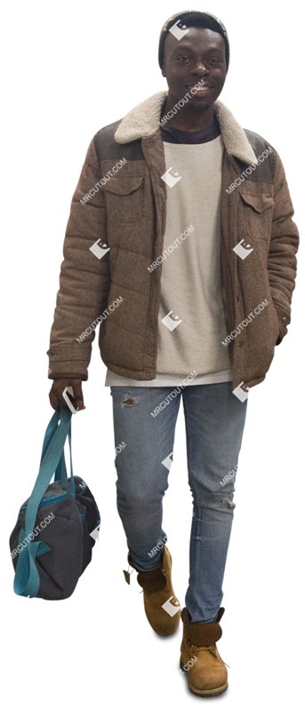 Cutout people African man wearing winter clothes walking towards camera 