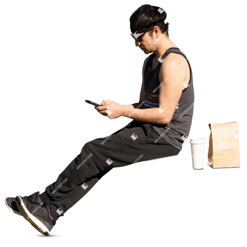 Man with a smartphone eating seated people png (13104)