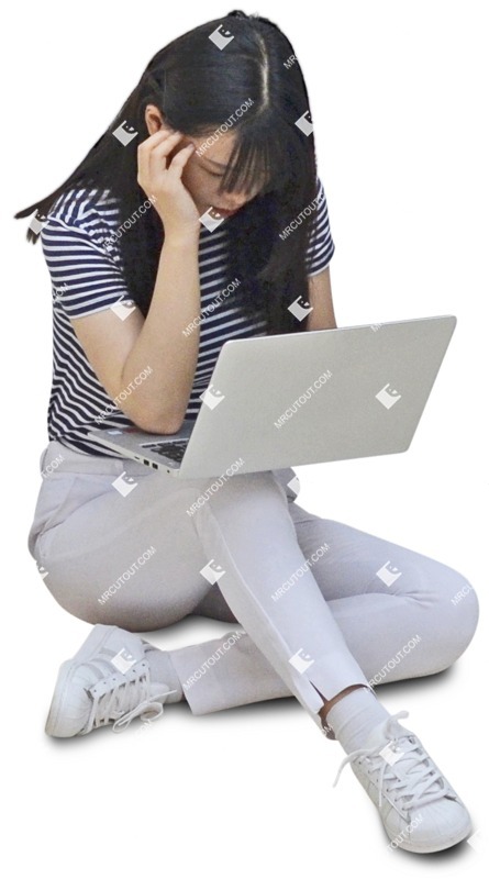 Teenager with a computer sitting people cutouts (6439)