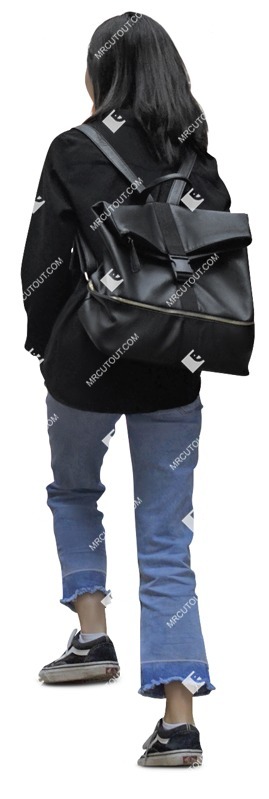 Human png Asian woman walking up the stairs with a backpack