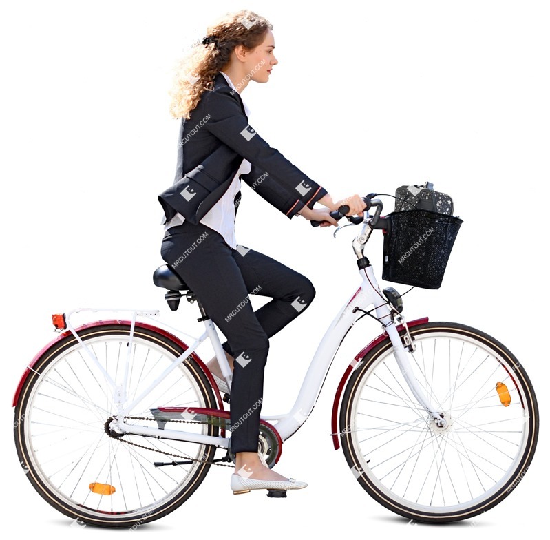 An elegant young woman riding a white city bike - people cutout