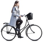Cutout Woman in a grey coat riding a bicycle human png - miniature