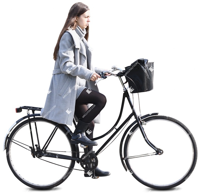 Cutout Woman in a grey coat riding a bicycle human png