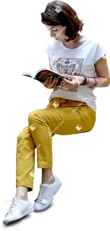 Person reading a book seated woman in yellow trousers human png