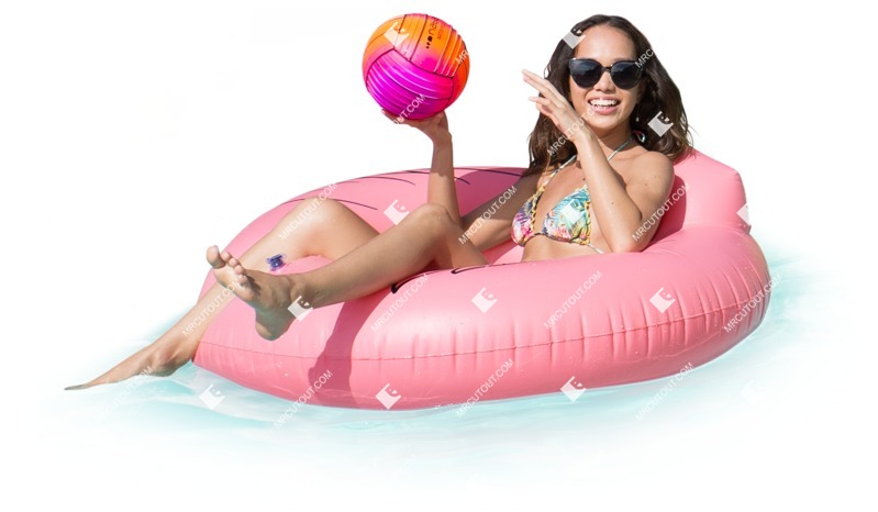 Woman swimming in a pink pontoon with a colorful ball - human png