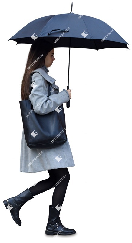 Woman in a coat walking with an umbrella on rainy day - human png