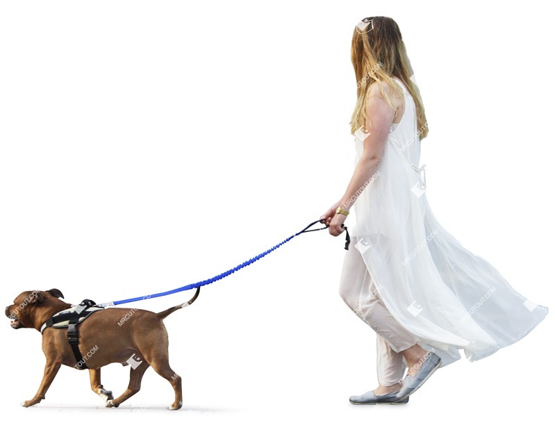 People cutouts Caucasian woman walking with her pitbull dog