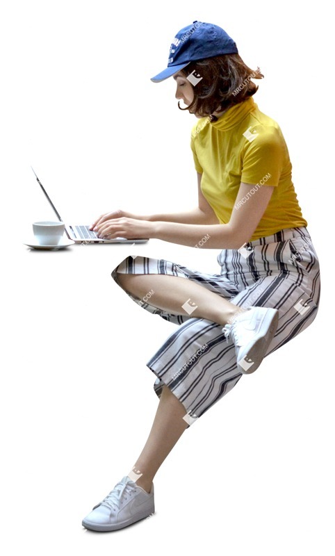 Woman with a computer drinking coffee human png (6839)