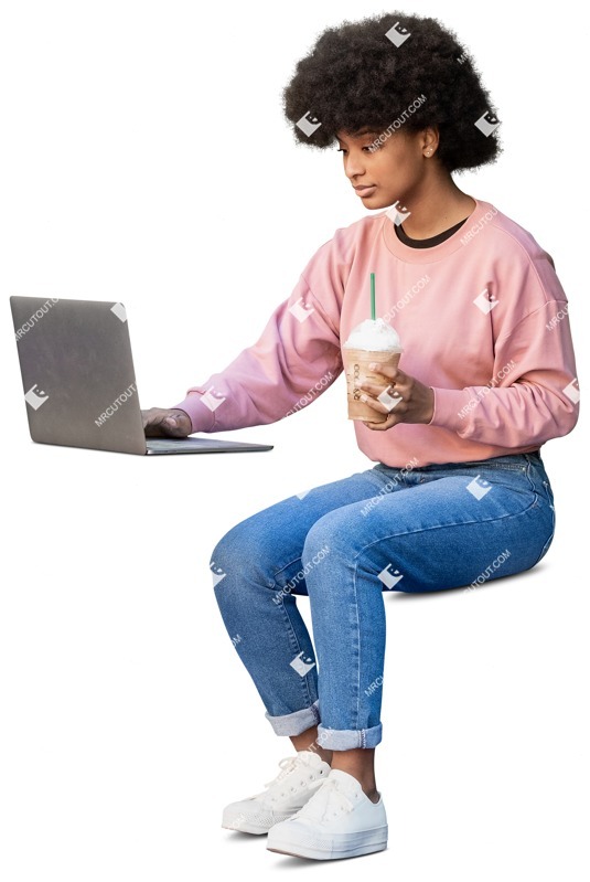 Woman with a computer drinking coffee people cutouts (12868)