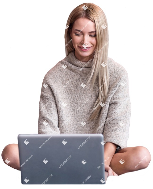 Woman with a computer sitting cut out pictures (3115)