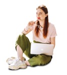 Woman with a computer sitting person png (6865) - miniature