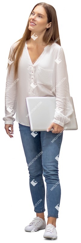 Woman with a computer standing person png (10129)